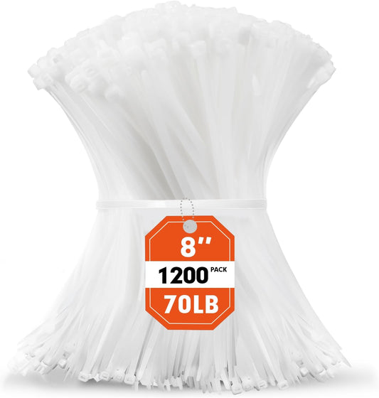 Zip Ties, RAZCC 1200pcs White Cable Zip Ties 8 Inch, Heavy Duty Plastic Wire Ties with 70lb Tensile Strength, Self-Locking White Nylon Tie Wraps for Indoor and Outdoor-VerdiqueGarden