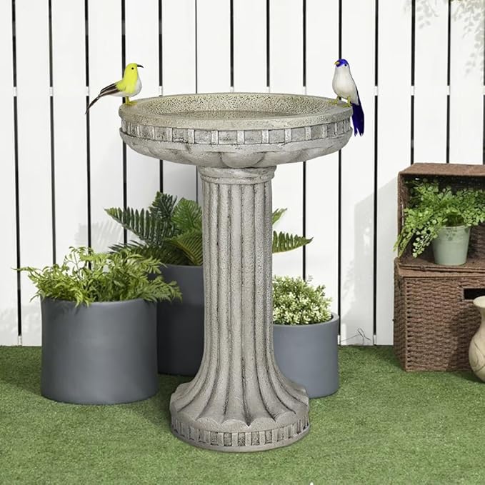 SKYFIRE 24 Inch Height Outdoor Bird Bath - Fibre Reinforced Concrete Large Bird Bath Stylish with Modern Pedestal for Garden, Patio, Lawn, Backyard - 16”W X 24”H Contemporary Birdbaths & Supports-VerdiqueGarden