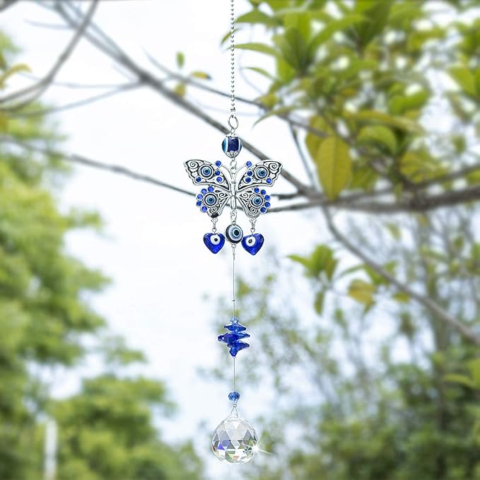 Turkish Blue Evil Eye Butterfly Wall Hanging with Crystal Suncatcher Ornament for Home Decor Protection Good Luck Blessing Housewarming Birthday Gift-VerdiqueGarden