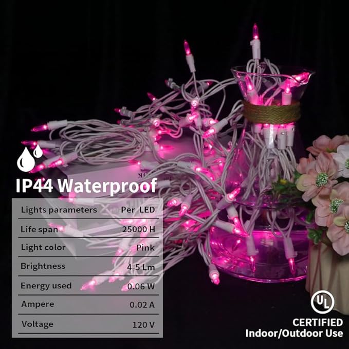Pink LED Christmas Lights - 100 Count Pink Christmas String Lights for Tree, Party, Bedroom, Wedding, Indoor and Outdoor Valentines Day Decorations, 33 Feet White Wire, UL Certified, Connectable-VerdiqueGarden
