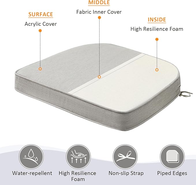 Sunbrella Round Corner Seat Cushions, 17" x 16" x 2", Set of 4, Indoor Outdoor Water Repellent Universal Chair Pads with Ties for Patio Furniture, Garden Dining Chairs, Specrtum Pebble-VerdiqueGarden