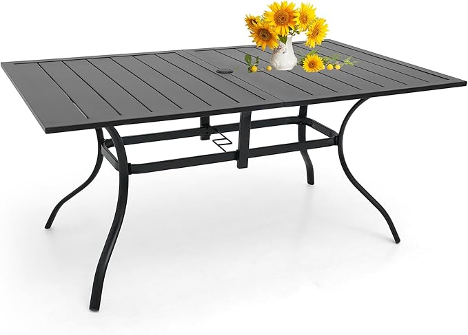 Outdoor Patio Table for 6 Person, Patio Dining Rectangle Table with 1.57" Umbrella Hole for Garden Lawn Backyard Parties, Black Metal Frame 63" L x 38" W x 28" H-VerdiqueGarden