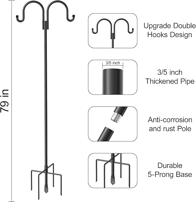 Highpro Double Shepherds Hooks for Outdoor, 2 Pack 79 Inch Heavy Duty Garden Pole for Hanging Bird Feeder, Bird Feeder Hook Plant Baskets,Garden Plant Hanger Stands with 5 Base Prongs-VerdiqueGarden