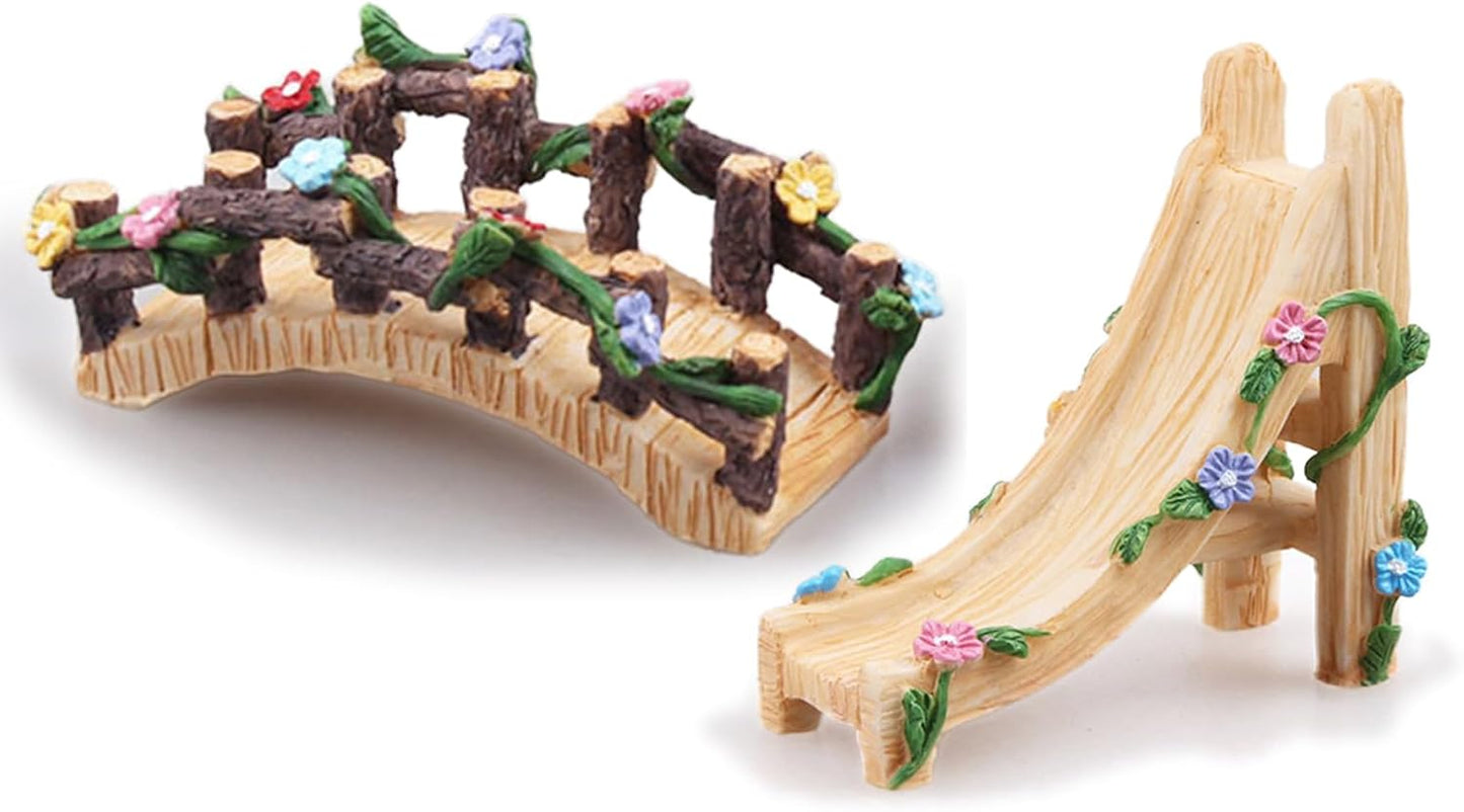 Kai Dream Miniature Fairy Garden Accessories Set, 2 Piece Resin Decorative Landscape Kit with Bridge and Slide, Floral Garden Ornaments-VerdiqueGarden