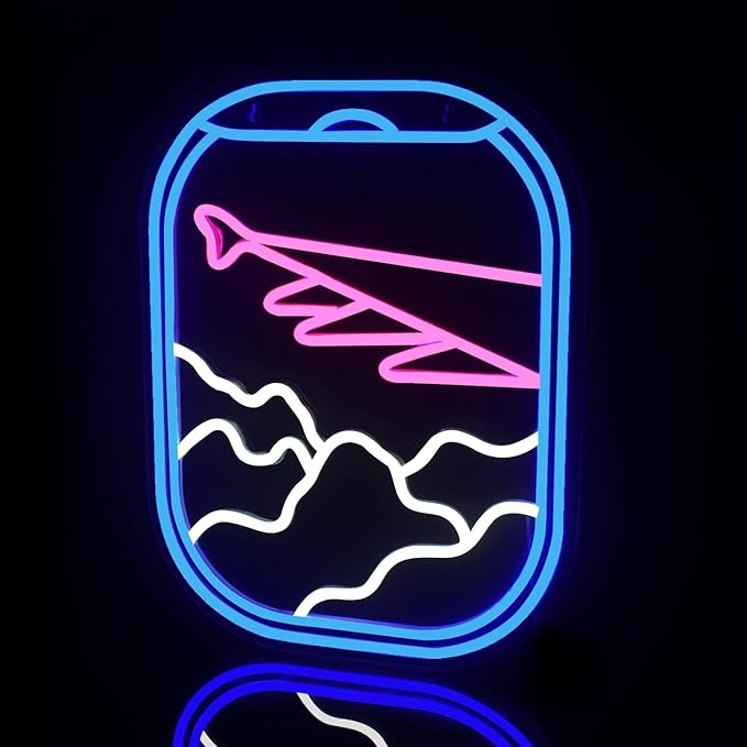 WLHOPE Airplane Window View Neon Signs Blue Pink LED Neon Sign for Wall Decor, USB Plane Window Clouds Neon Light Up Signs for Bedroom Living Room Game Room Office Shop Airport Wall Art Decor-VerdiqueGarden