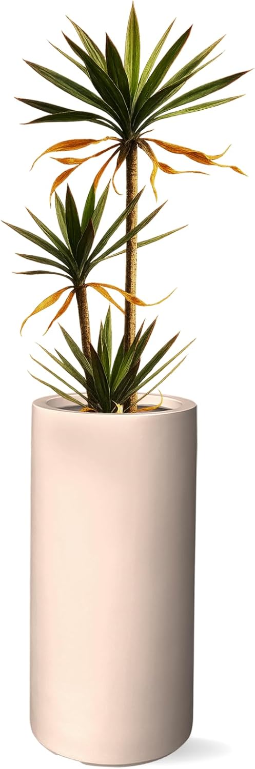 19.5" H x 9.8" D Tubo Fiberstone Cylinder Tall Planter with Drainage Hole, Smooth Finishes, for Indoor and Outdoor Use, Included 2 Extra Coco Mats (Kilim Beige, 8.2" Pot Opening)-VerdiqueGarden