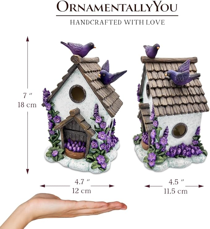 Spring & Summer-Themed Garden Statues – Adorable Outdoor Decor for Lawn, Patio & Porch (Lovely Floral Lavender Bird House Figurine, 7" Novelty Cottage Garden Decor)-VerdiqueGarden
