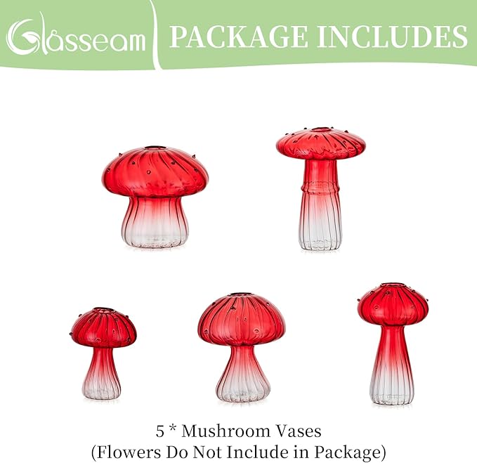 Glasseam Mushroom Plant Propagation Stations: Red Glass Terrarium Jar Set of 5 Cute Planters for Indoor Plants Decorative Propagate Station Unique Christmas Birthday Gifts for Women Home Office Decor-VerdiqueGarden