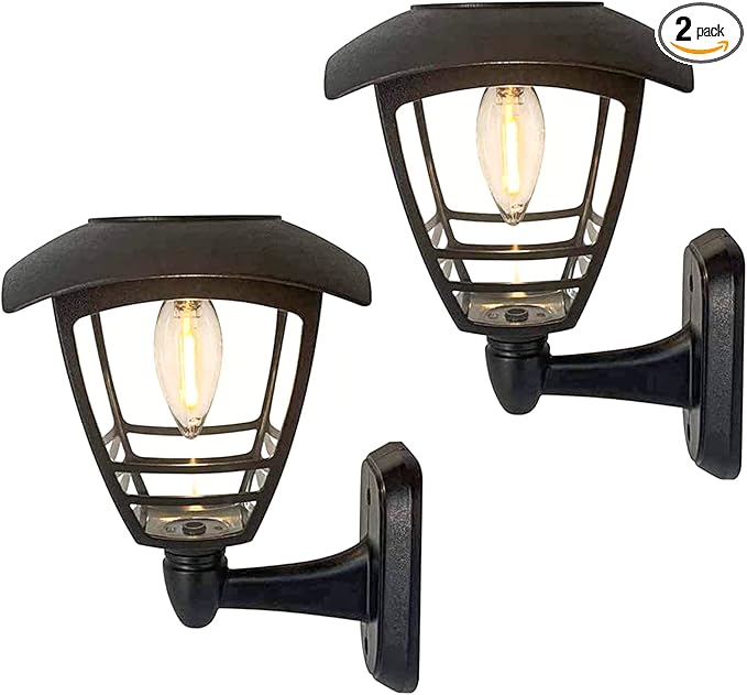 MAGGIFT 2 Pack Solar Powered Wall Lantern, Outdoor 10 Lumen LED Edison Bulb Solar Warm White Lights Wall Sconce with No Wiring Required,Fixture with Wall Mount Kit-VerdiqueGarden