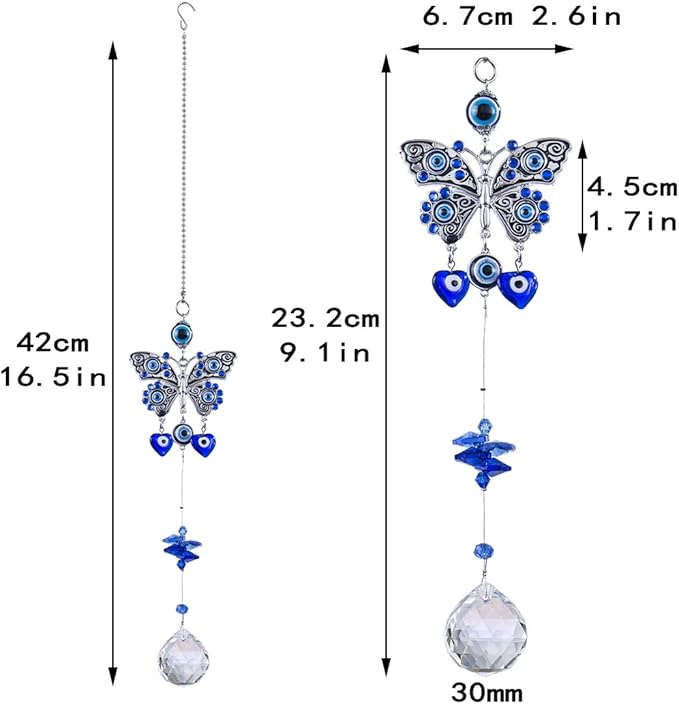 Turkish Blue Evil Eye Butterfly Wall Hanging with Crystal Suncatcher Ornament for Home Decor Protection Good Luck Blessing Housewarming Birthday Gift-VerdiqueGarden