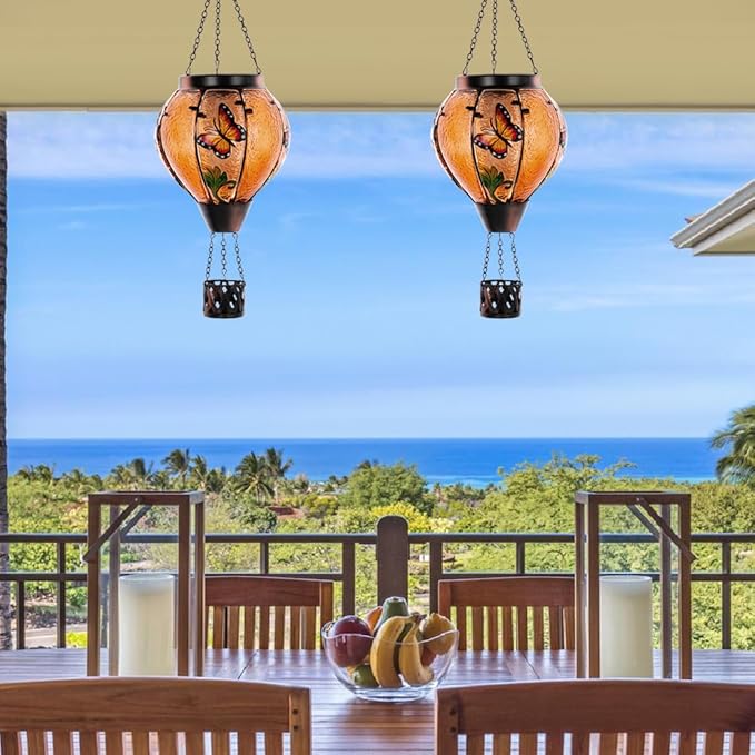 Starsoul Butterfly Hot Air Balloon Solar Lantern with Flickering Flame Light Glass Solar Powered Hot Air Balloon Lamp Waterproof Hanging Outdoor Solar Lantern for Yard Porch Backyard Decor-VerdiqueGarden