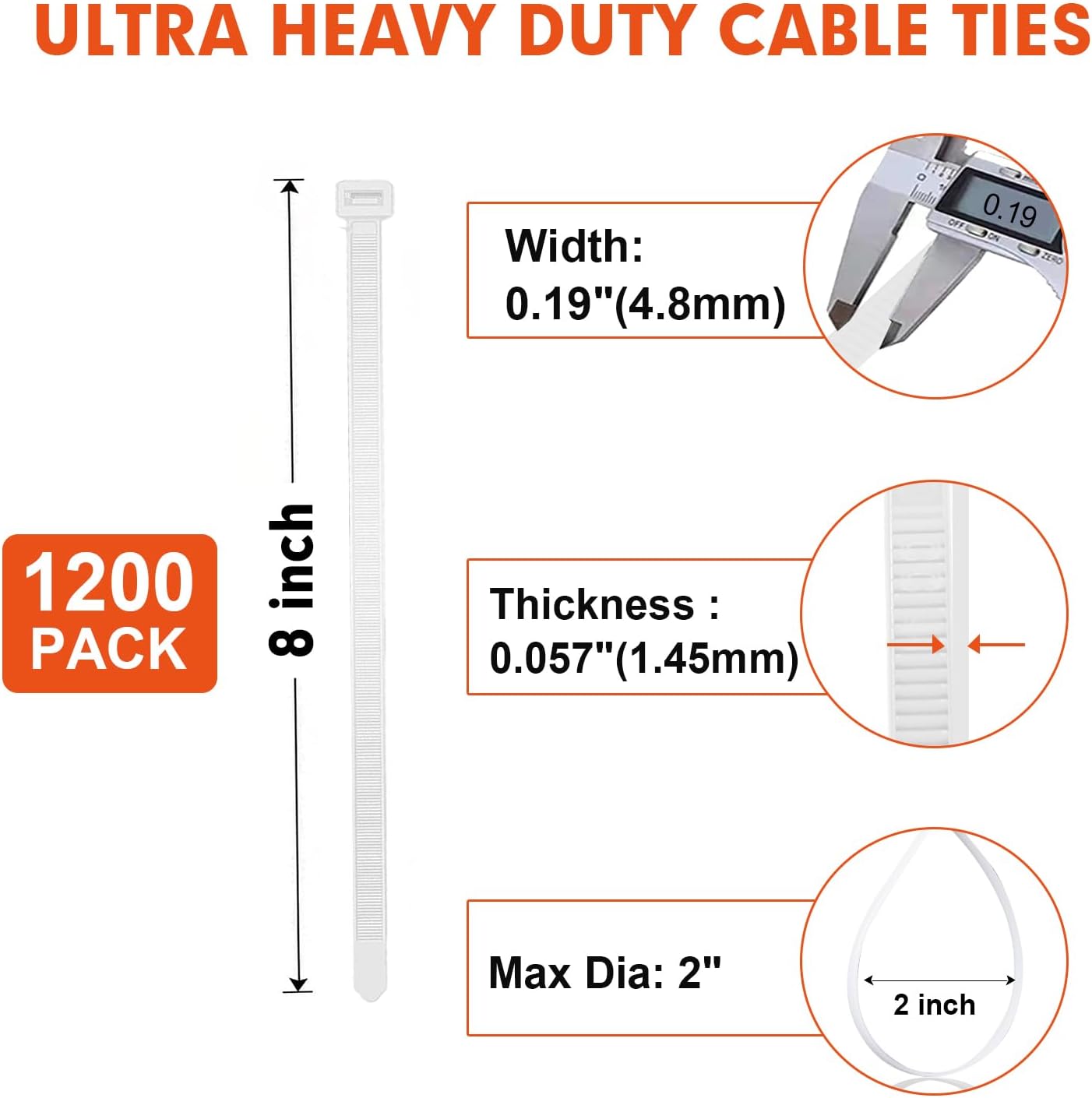 Zip Ties, RAZCC 1200pcs White Cable Zip Ties 8 Inch, Heavy Duty Plastic Wire Ties with 70lb Tensile Strength, Self-Locking White Nylon Tie Wraps for Indoor and Outdoor-VerdiqueGarden