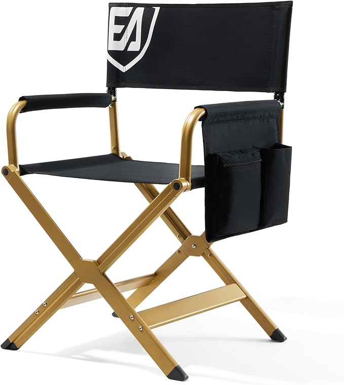 EVER ADVANCED Aluminum Directors Chair, Folding Studio Movie Chairs Camping Event Vendor Chair, 19" Seat Height Black Fabric/Golden Frame, Support 350lbs-VerdiqueGarden