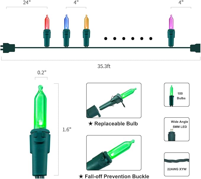 Multicolor Christmas LED Lights - 100 Count Multi-Colored Holiday String Lights for Tree, Party, Wedding, Indoor and Outdoor Use, 33 Feet Green Wire, UL Certified, Connectable-VerdiqueGarden
