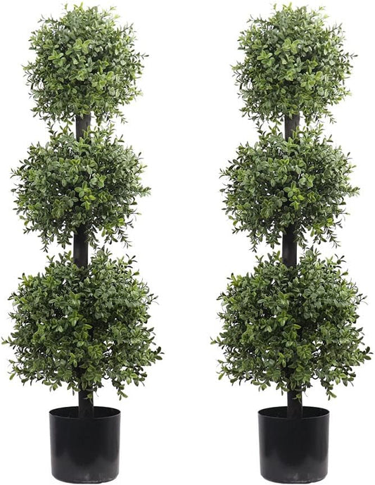 38''T Artificial Boxwood Topiary Triple Ball Outdoor Potted Plants Anti-UV Front Door Decor 2Pack-VerdiqueGarden