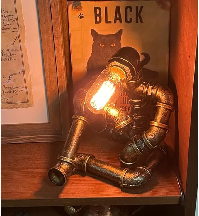 Steampunk Table Robot Lamps with 2 Bulbs,Retro Industrial Robot Desk Lamps Water Pipe Light for Office,Bedroom,Living Room in Bronze-VerdiqueGarden