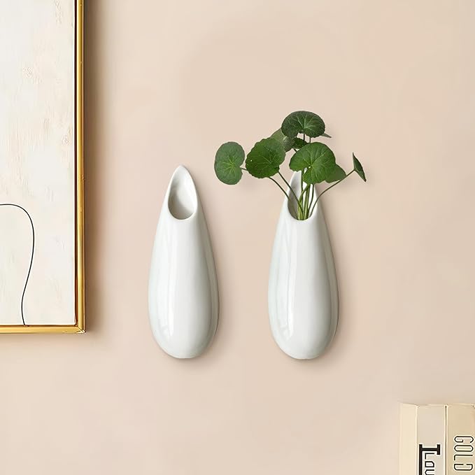 2 Pack White Ceramic Wall Vases,5.9 Inch Wall Hanging Plant Holder,Cubicle Modern Decor Plant Holder Vase for Indoor Plants, Hanging Propagation Flower Pots for Air Vases-VerdiqueGarden
