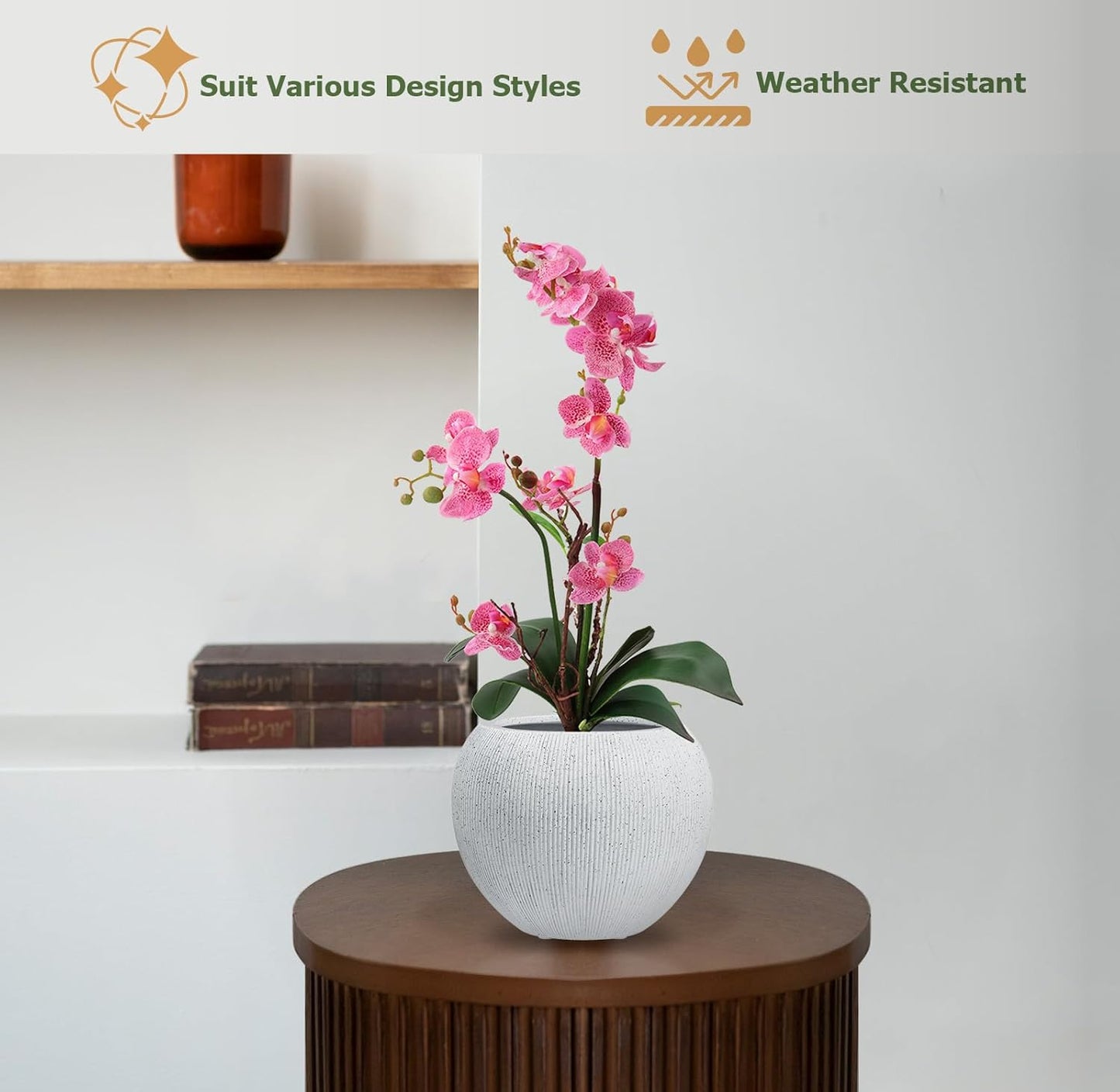 9.7" H x 12" D Globo Fiberstone Round Planter with Drainage Hole, Weather Resistant, Ribbed Finish, Planters for Indoor Plants & Outdoor, Extra Coco Mats (Speckled White, 7.8" Pot Opening)-VerdiqueGarden