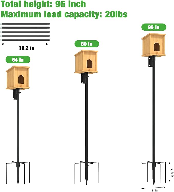 ERYTLLY Bird House Pole Mount Kit 96 Inch - Adjustable Hummingbird Bird Feeder Post Support Rod Universal Stand Set with 5 Prongs for Outdoor, Yard, Garden Decor, Black-VerdiqueGarden