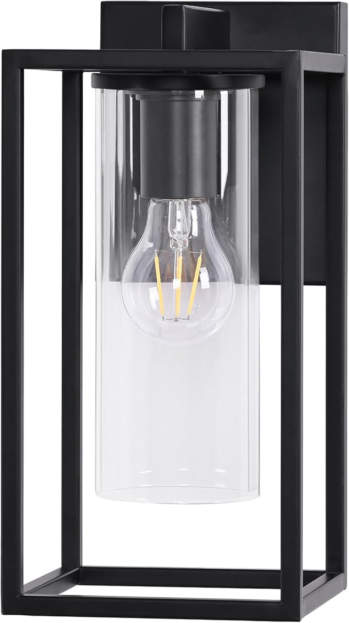 Pia Ricco Outdoor Wall Lights, Outdoor Wall Lantern with Circular Clear Glass Shade, Waterproof Exterior Lighting Fixtures, Modern Front Porch Lighting for House, Garage, E26 Base, ETL Listed, Black-VerdiqueGarden