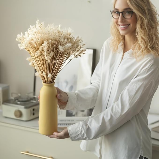 Ceramic Vase Set-3, Small Flower Vases for Decor, Modern Boho Farmhouse Style, Decorative Vases for Pampas Grass & Dried Flowers, Distressed Finish (Yellow)-VerdiqueGarden