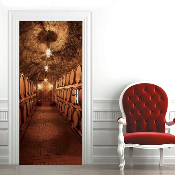 3D Door Stickers Murals Peel and Stick - Wine Cellar Wallpaper Self-Adhesive Decals - Removable PVC Waterproof Poster for Bedroom Living Room 33.9" x 78.7"-VerdiqueGarden