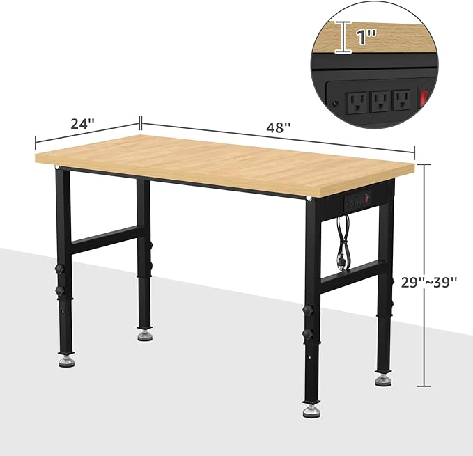 48" Adjustable Workbench,Heavy-Duty Work Table,3000 LBS Load Capacity Particleboard Hardwood Workstation Outlets with Power Strips and Fixed feet,for Workshop, Garage-VerdiqueGarden