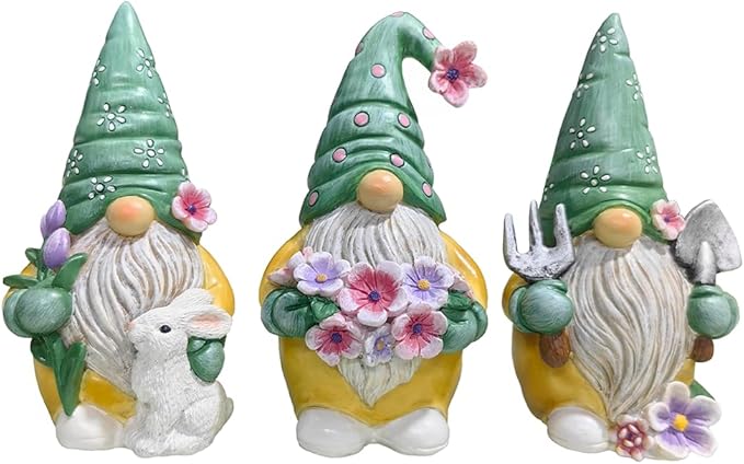 Garden Guardians Set of Three 6" Gardening Gnome Figurines, Floral Green and Yellow Statue Decor-VerdiqueGarden