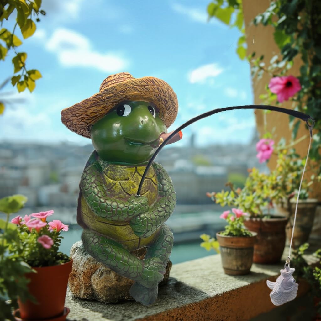 Tortoise Fishing Statue Garden Decor，9.8" Weatherproof Resin Tortoise Fishing Sculpture Decor for Fish Ponds, Koi Ponds, Waterfalls, Poolside Outdoor Gardens Resin Figurine for Indoor Outdoor Décor-VerdiqueGarden