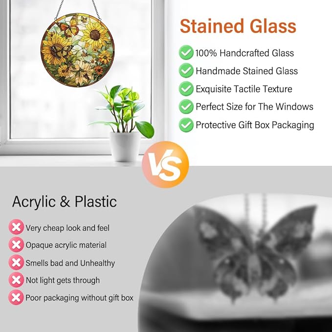 Sunflower Decor Suncatcher Stained Glass Window Hanging - Butterfly Stained Glass Suncatchers for Windows - Sun Catchers Indoor Window with Chain and Hook - Sunflower Gifts for Women Mom Teacher Gift-VerdiqueGarden