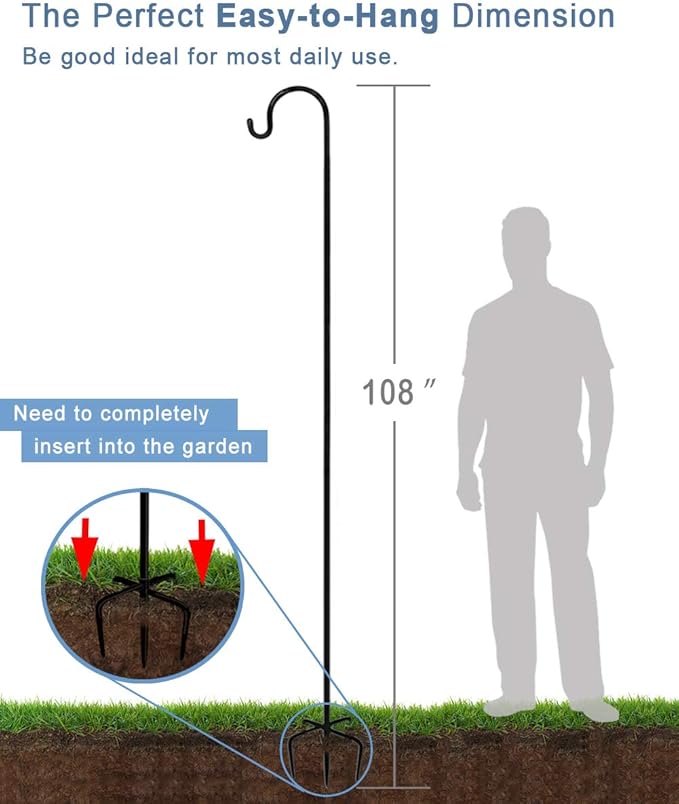 108 inch Outdoor Shepherd Hook with 5 Prong Base (2 Packs), Adjustable Heavy Duty Garden Hanging Stake for Bird Feeder Solar Light Plant Hanger Wedding Decor, Matte Black-VerdiqueGarden