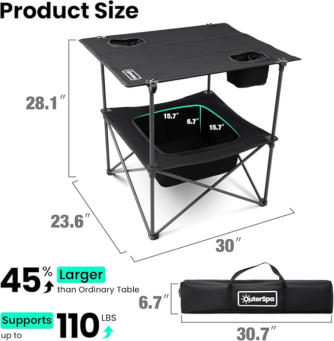 Folding Camping Table, Portable Outdoor Picnic Table, Rectangular Lightweight Camp Table with Storage, Cup Holder and Carry Bag for Barbeque Beach Camping and Tailgate-VerdiqueGarden