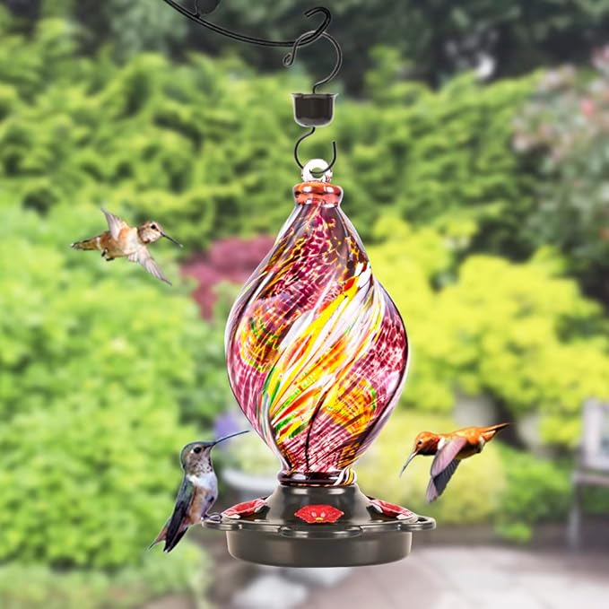 LUJII Ice Cream Shaped Spiral Hummingbird Feeder for Outdoors Hanging, Hand Blown Glass, 28 fl.oz, Leak Proof & Rustproof, Includes an Ant Moat with Hook, Unique & Stylish Glass Art & Decor (Purple)-VerdiqueGarden