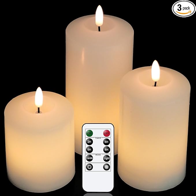 Battery Operated Flameless Candles with 3D Flickering Flame Wick, LED Pillar Candles with Remote Timer, Pack of 3 Real Wax Candles for Wedding Home Decor(White)-VerdiqueGarden