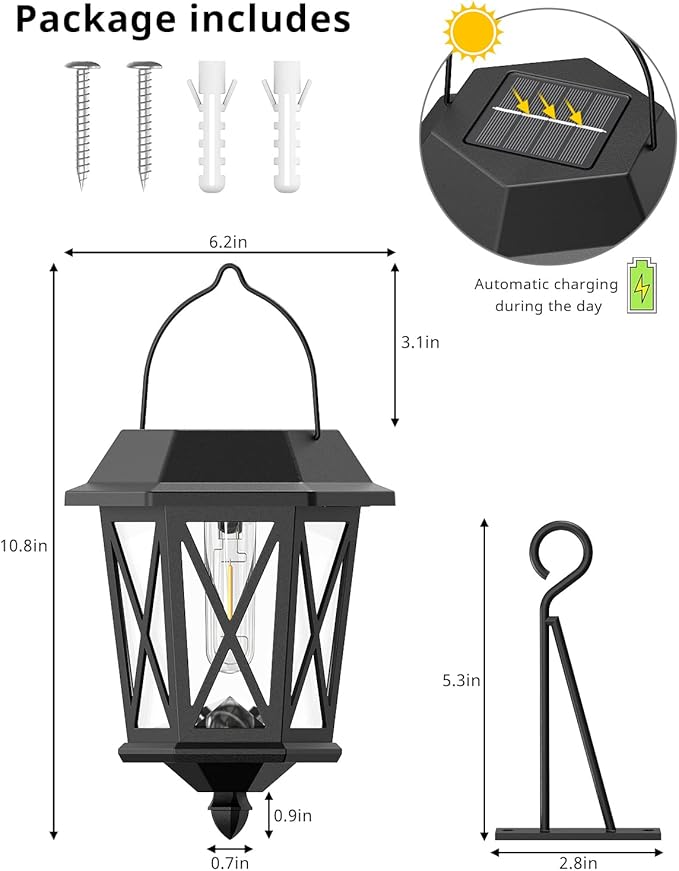 Solar Lanterns Outdoor Waterproof, Hanging Solar Lights with Glass Shade - 2 Pack LED Metal Wall Mount Outdoor Light for Yard/Garden/Patio - Black-VerdiqueGarden