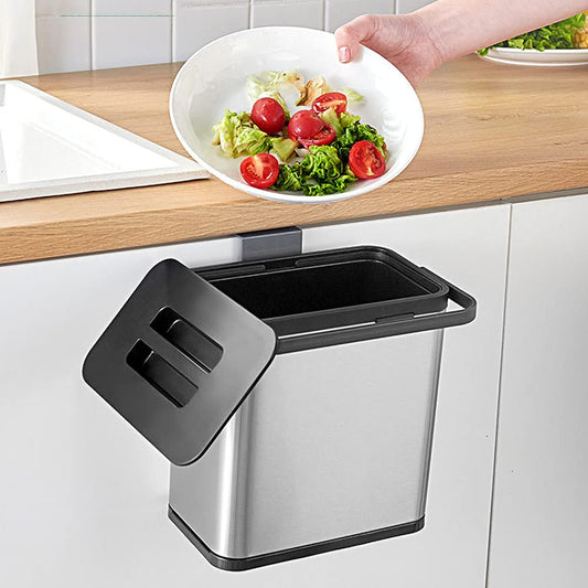 SIDIANBAN Hanging Trash Can with Lid for Kitchen Cabinet Door, 0.8 Gal/3L Stainless Steel Garbage Can Kitchen Compost Bin for Countertop or Under Sink-VerdiqueGarden