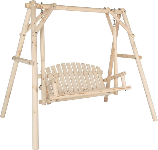 VINGLI Heavy Duty 880 LBS Wooden Patio Porch Swing with A-Frame Stand, Hanging Swing Bench Chair with Frame for Outside, Yard, Garden (Natural)-VerdiqueGarden