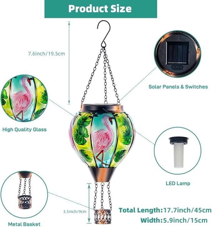 Starsoul Flamingo Hot Air Balloon Solar Lantern Solar Hot Air Balloon Flickering Flame Hanging Garden Light Metal & Glass Waterproof Lanterns for Yard Patio Farmhouse Decoration-VerdiqueGarden