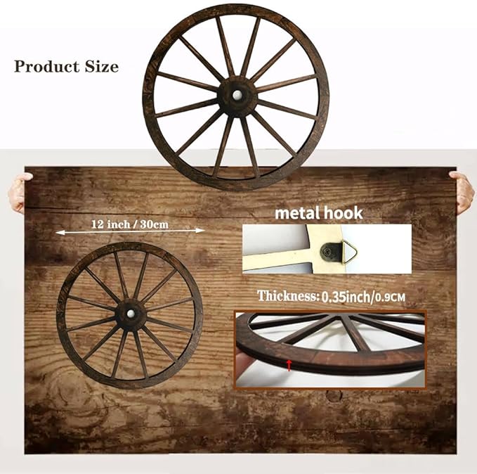 (2 Pieces) 12" Wood Carved Wheel Decor, Western Style Decorative Wagon Wheels for Modern Vintage Home Decor, Suitable for Farmhouse, Living Room, Bookcase, Bar, Garage, Coffee Shop, Studio Decor-VerdiqueGarden