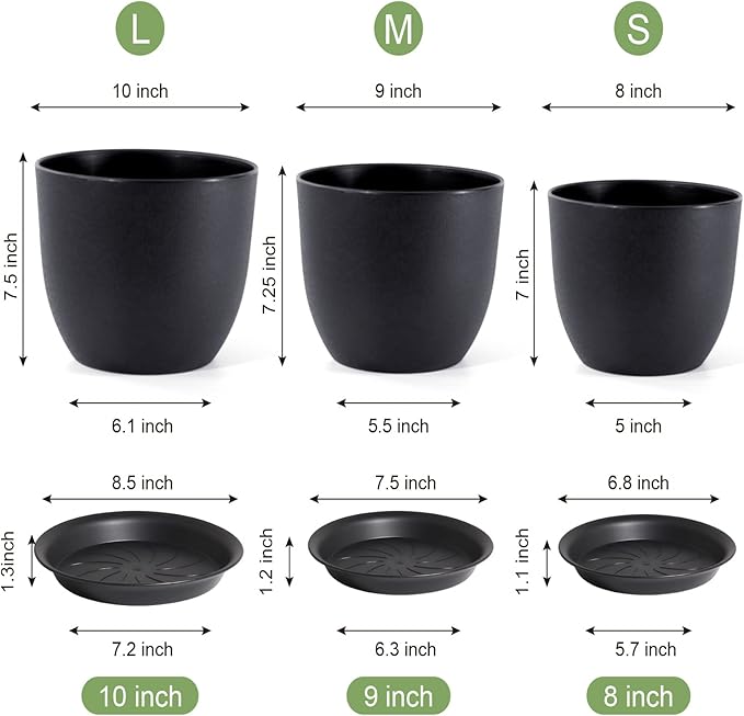 10/9/8 inch Medium Plant Pots, 3 Pack Modern Decorative Plastic Planters with Drainage Holes and Saucers, Flower Pots for Indoor Outdoor Plants, Black-VerdiqueGarden