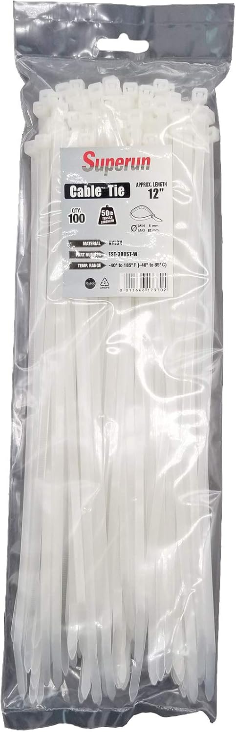Superun Heavy Duty Zip Ties 12 Inch, 50 Lbs Tensile Strength Selflocking Wire Ties (Industrial Grade Cable Ties) Pack of 100 White-VerdiqueGarden
