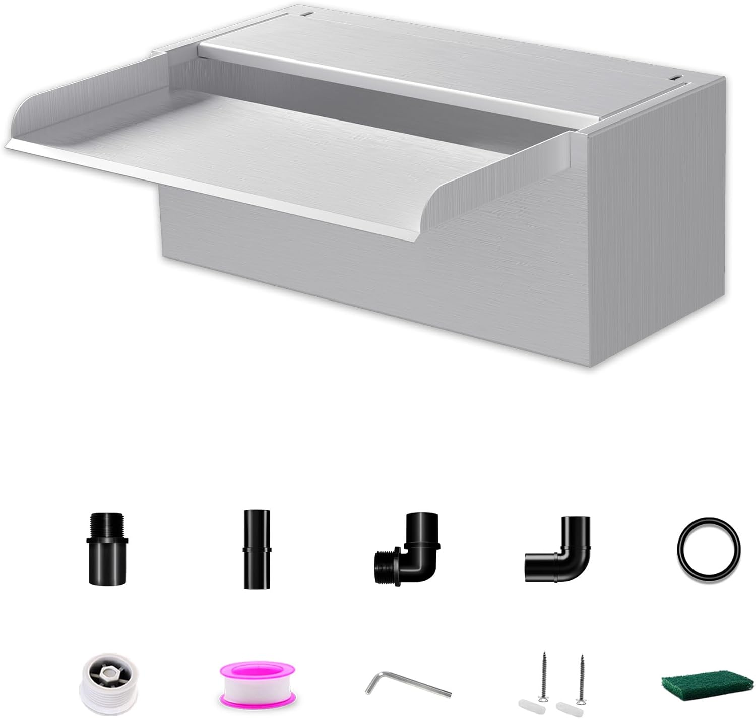 Pond Waterfall Spillway LONGRUNNEW 304 Stainless Steel 11.8" Rectangular Waterfall Spillway, Water Fall Fountain with Pipe Connector for Garden Outdoor, Swimming Pools, Fountains, Pond and Spa-VerdiqueGarden
