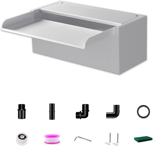 Pond Waterfall Spillway LONGRUNNEW 304 Stainless Steel 11.8" Rectangular Waterfall Spillway, Water Fall Fountain with Pipe Connector for Garden Outdoor, Swimming Pools, Fountains, Pond and Spa-VerdiqueGarden