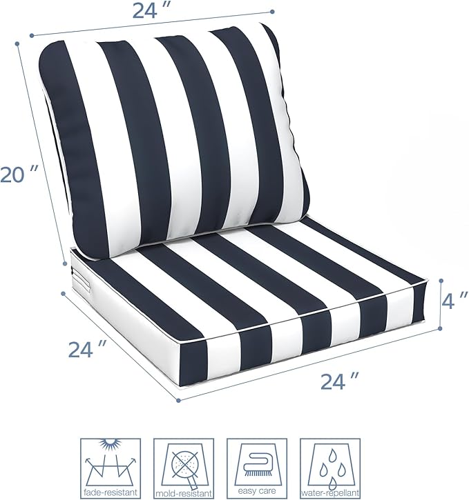 LVTXIII Outdoor/Indoor Deep Seat Cushion Patio Seat and Back Cushion Set All-Weather Replacement Chair Cushion for Garden Furniture Decoration, 24"x24"x4", Cabana Navy-VerdiqueGarden