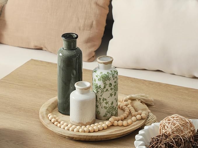 Vintage Vase Set of 3, Ceramic Vintage Flower Vases, Chinoiserie Decorative Home Decor Retro Floral Vase Rustic Farmhouse Decor for Table Bookshelf Mantel Kitchen Living Room Office - Green and Beige-VerdiqueGarden