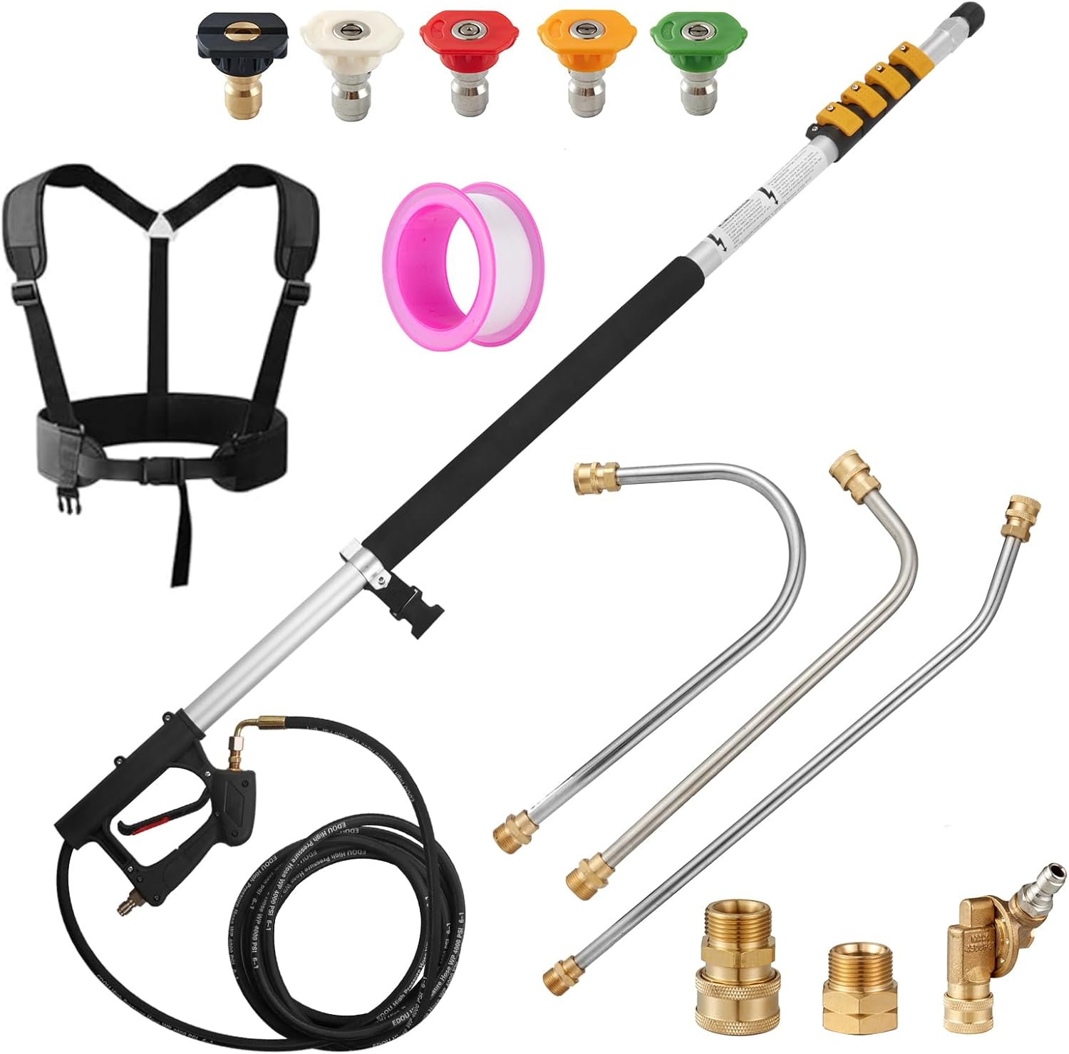 Tecoloy 24 FT Telescoping Pressure Washer Wand with Power Washer Extension Wand, Support Belt, Gutter Cleaner Attachment, 5 Spray Nozzle Tips and 2 Hose Inlet Adapters-VerdiqueGarden