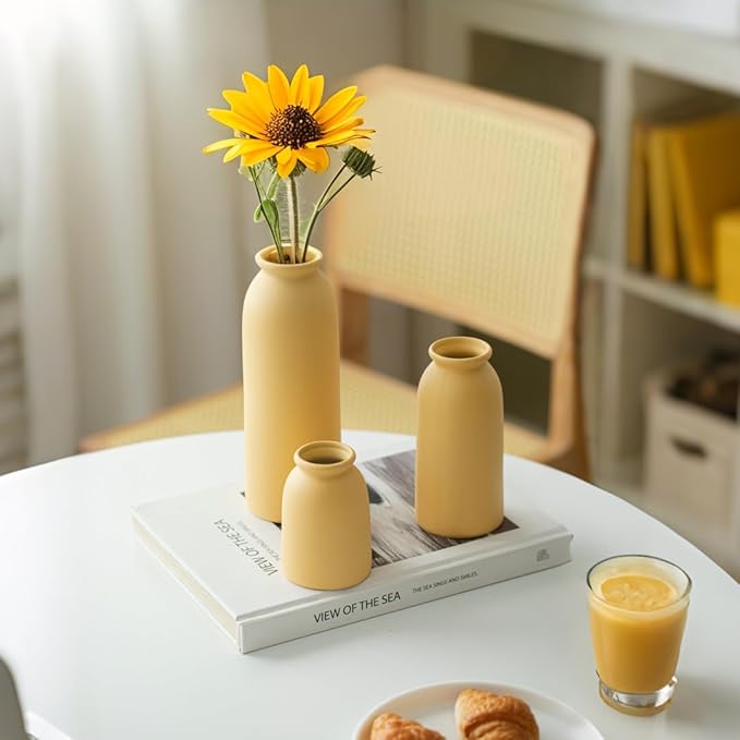 Ceramic Vase Set-3, Small Flower Vases for Decor, Modern Boho Farmhouse Style, Decorative Vases for Pampas Grass & Dried Flowers, Distressed Finish (Yellow)-VerdiqueGarden