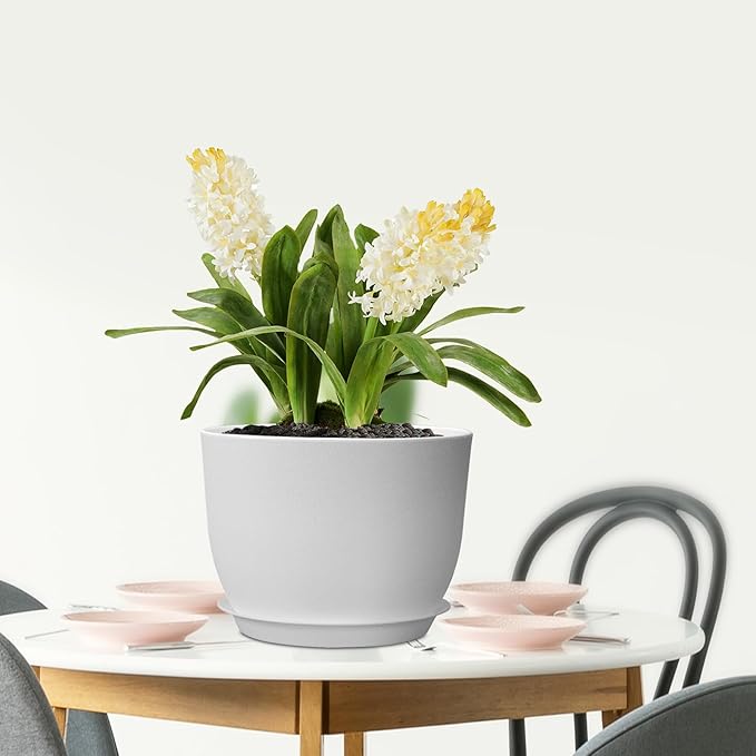 12 inch Large Plant Pots, Plastic Planters with Drainage Holes and Saucers, Flower Pots for Indoor Outdoor Plants, Modern Decorative Pots for Garden House Plants, White-VerdiqueGarden