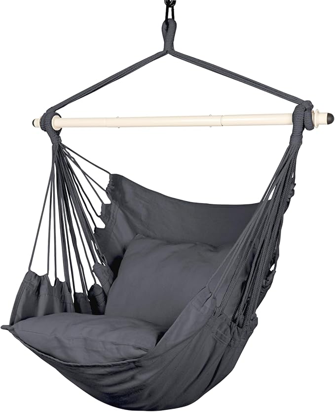 Highwild Hammock Chair Hanging Rope Swing - Max 500 Lbs - 2 Cushions Included - Steel Spreader Bar with Anti-Slip Rings - for Any Indoor or Outdoor Spaces (Grey)-VerdiqueGarden