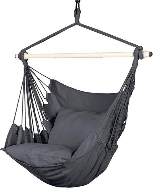 Highwild Hammock Chair Hanging Rope Swing - Max 500 Lbs - 2 Cushions Included - Steel Spreader Bar with Anti-Slip Rings - for Any Indoor or Outdoor Spaces (Grey)-VerdiqueGarden